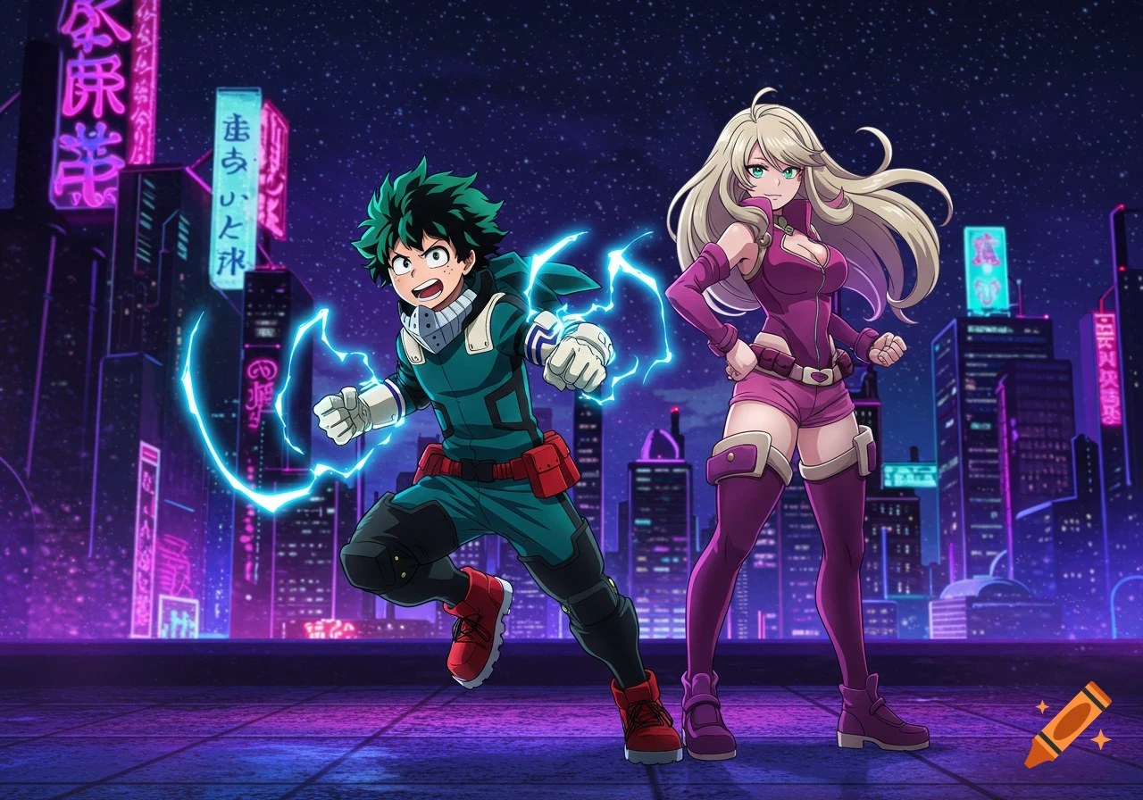 Anime characters Izuku Midoriya and Rebecca Bluegarden stand ready for action in a futuristic neon city at night. Izuku glows with blue lightning.