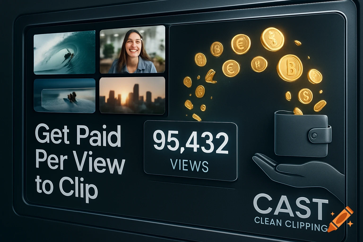 A sleek digital interface displaying video clips, a view counter, golden coins flowing into a wallet, and text 'Get Paid Per View to Clip' and 'CAST Clean Clipping'.