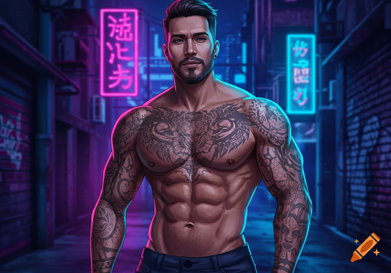 Muscular man with full-body tattoos stands shirtless in a neon-lit cyberpunk alley, anime style.