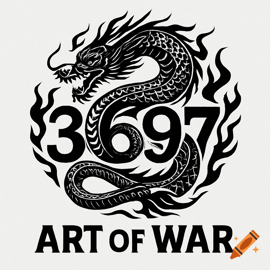 Black and white logo of a roaring Japanese dragon coiled around the numbers 3697, with flames and the text 'ART OF WAR' below it.