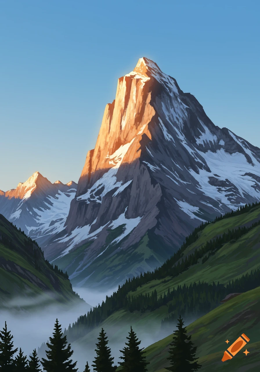 A majestic mountain landscape with a towering peak illuminated by sunlight, surrounded by green valleys and misty forests.