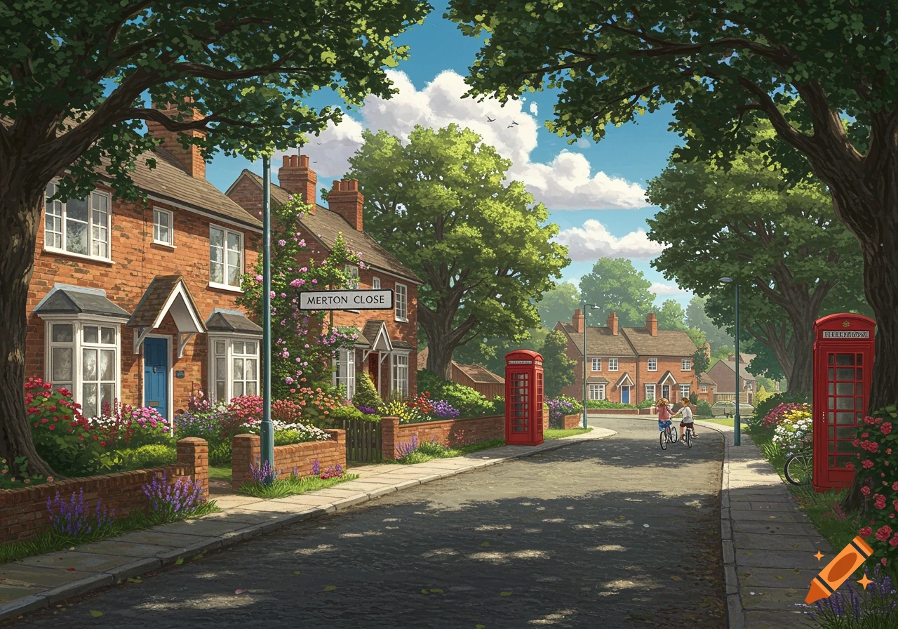 A charming, idyllic village street scene with brick houses, lush trees, vibrant flowers, and red telephone booths under a clear sky. Two children ride bicycles down the street.
