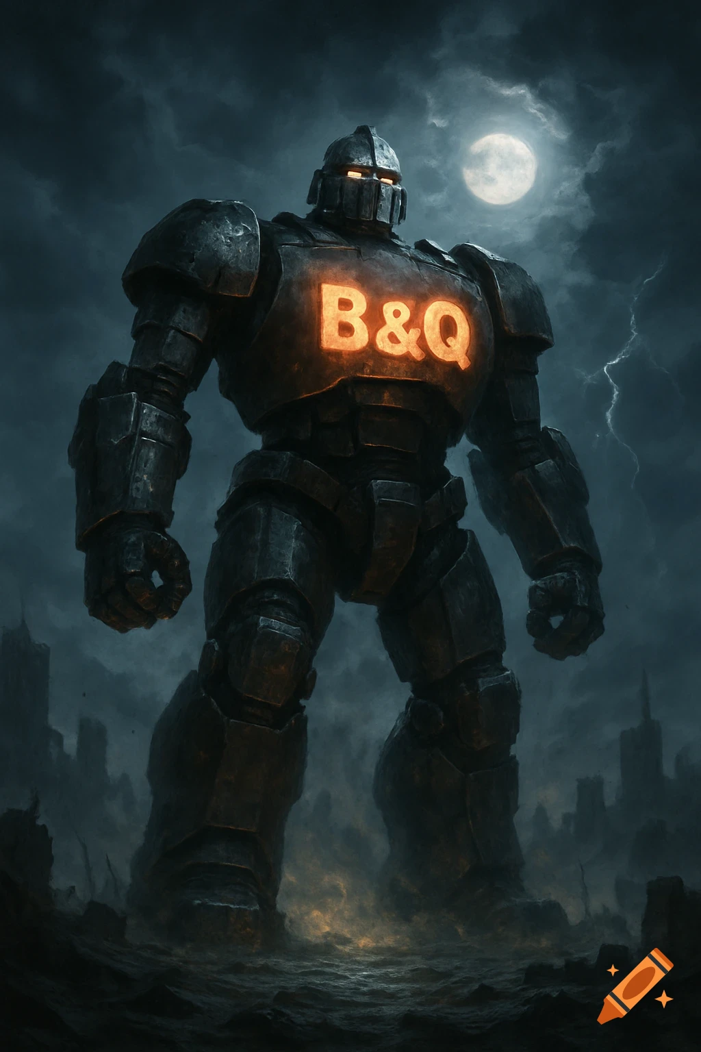 A massive, dark iron titan with a glowing "B&Q" logo on its chest stands under a full moon in a stormy, ruined city.