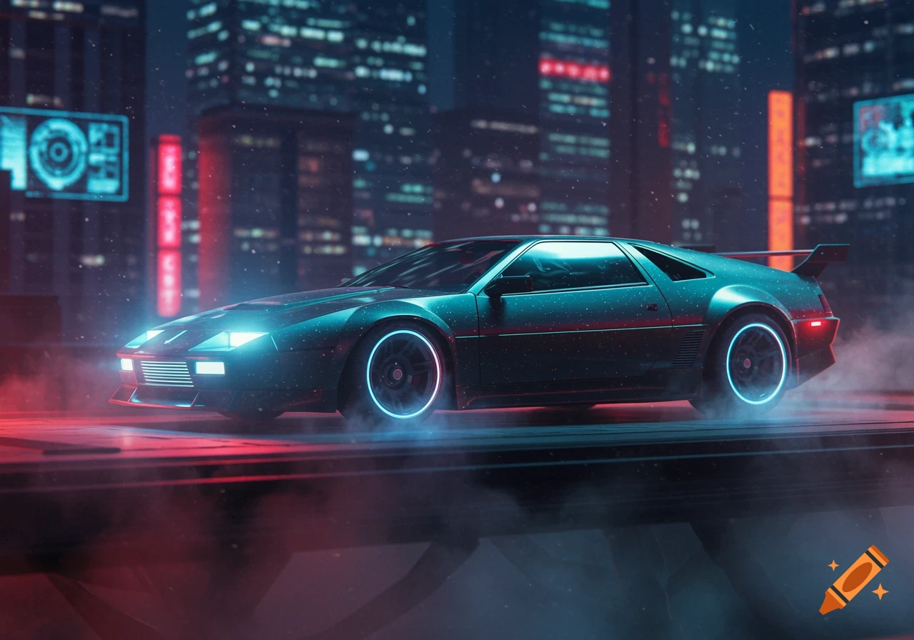 A futuristic car with neon blue lights on its wheels and headlights, driving through a misty, neon-lit cyberpunk city at night.