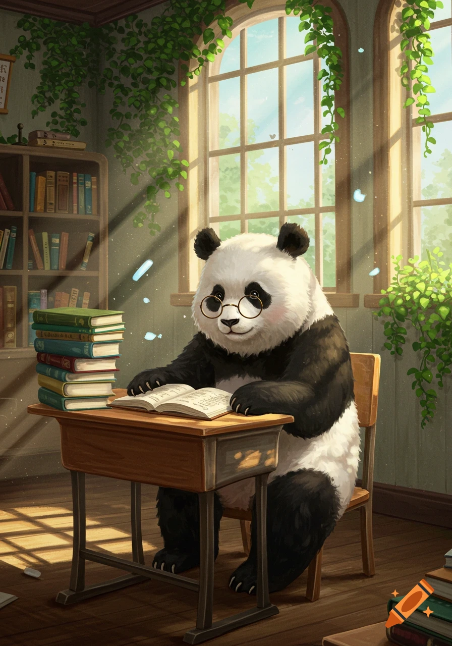 A cute panda wearing glasses sits at a desk in a sunlit classroom, reading an open book with a stack of books beside it.