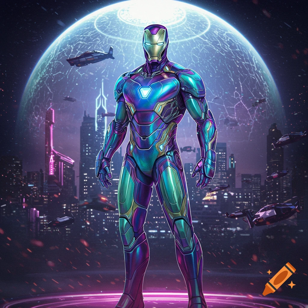 Iron Man in iridescent armor stands in a futuristic city with a large glowing sphere and flying vehicles.