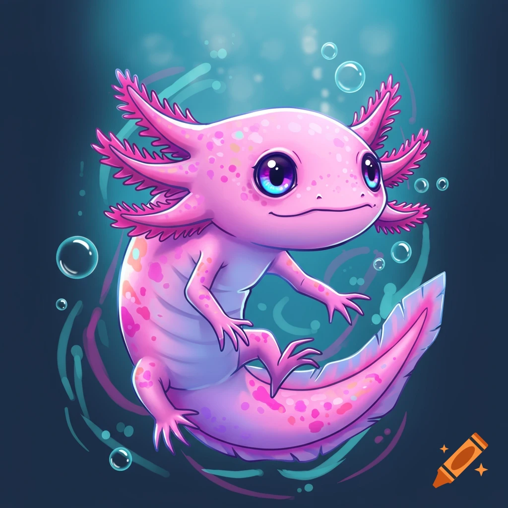 A vibrant, cute pink axolotl with big eyes and gills, swimming in blue water with bubbles, in a new school tattoo style.