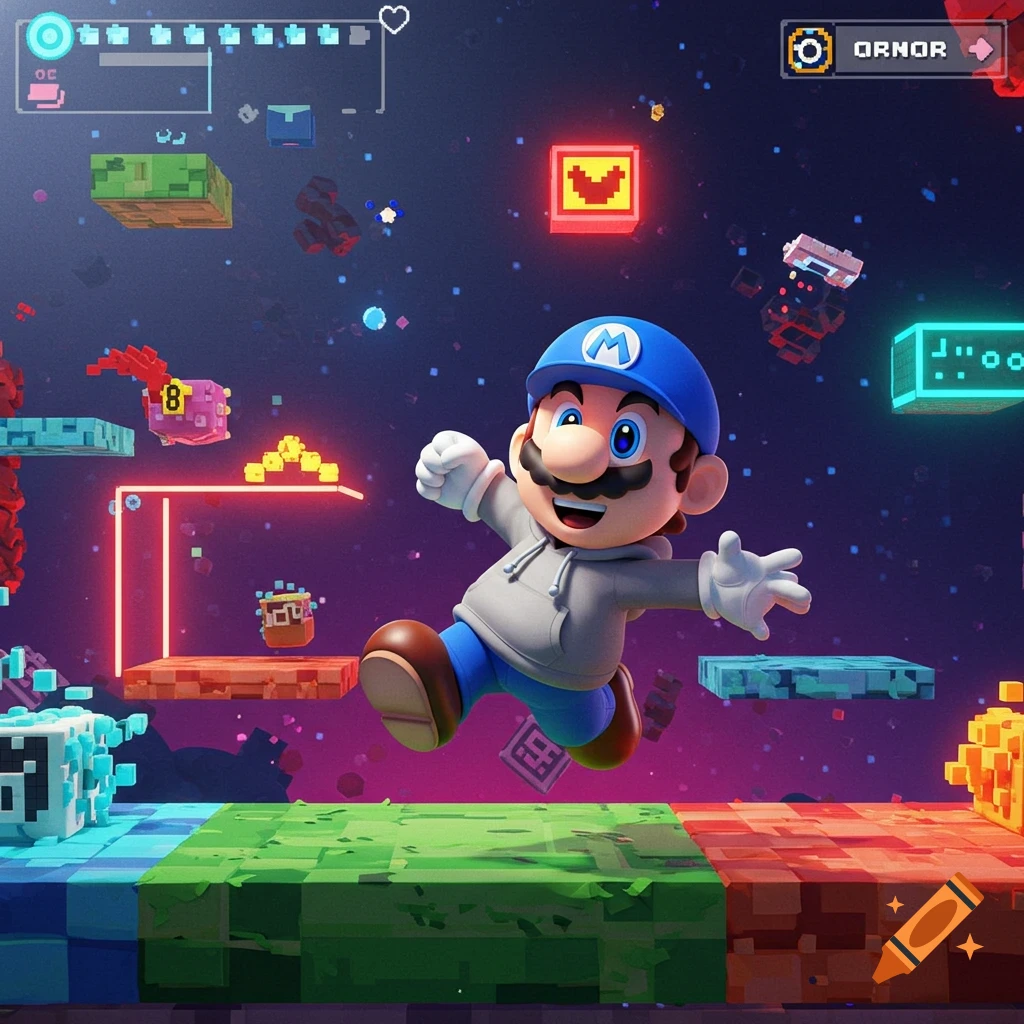 A character resembling Mario with a blue hat and grey hoodie jumps through a vibrant, pixelated video game world with floating blocks and UI elements.
