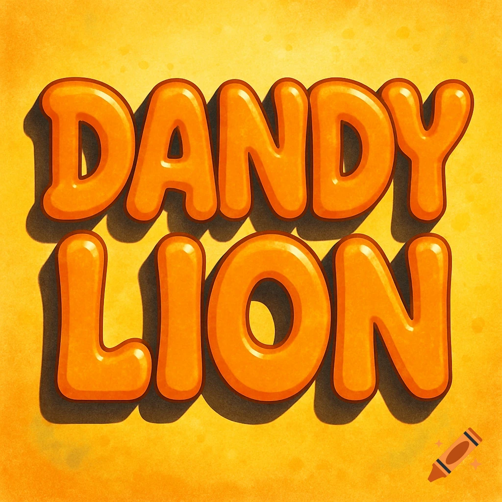 Bubble letter orange text spelling 'Dandy Lion' with a drop shadow on a textured yellow background.