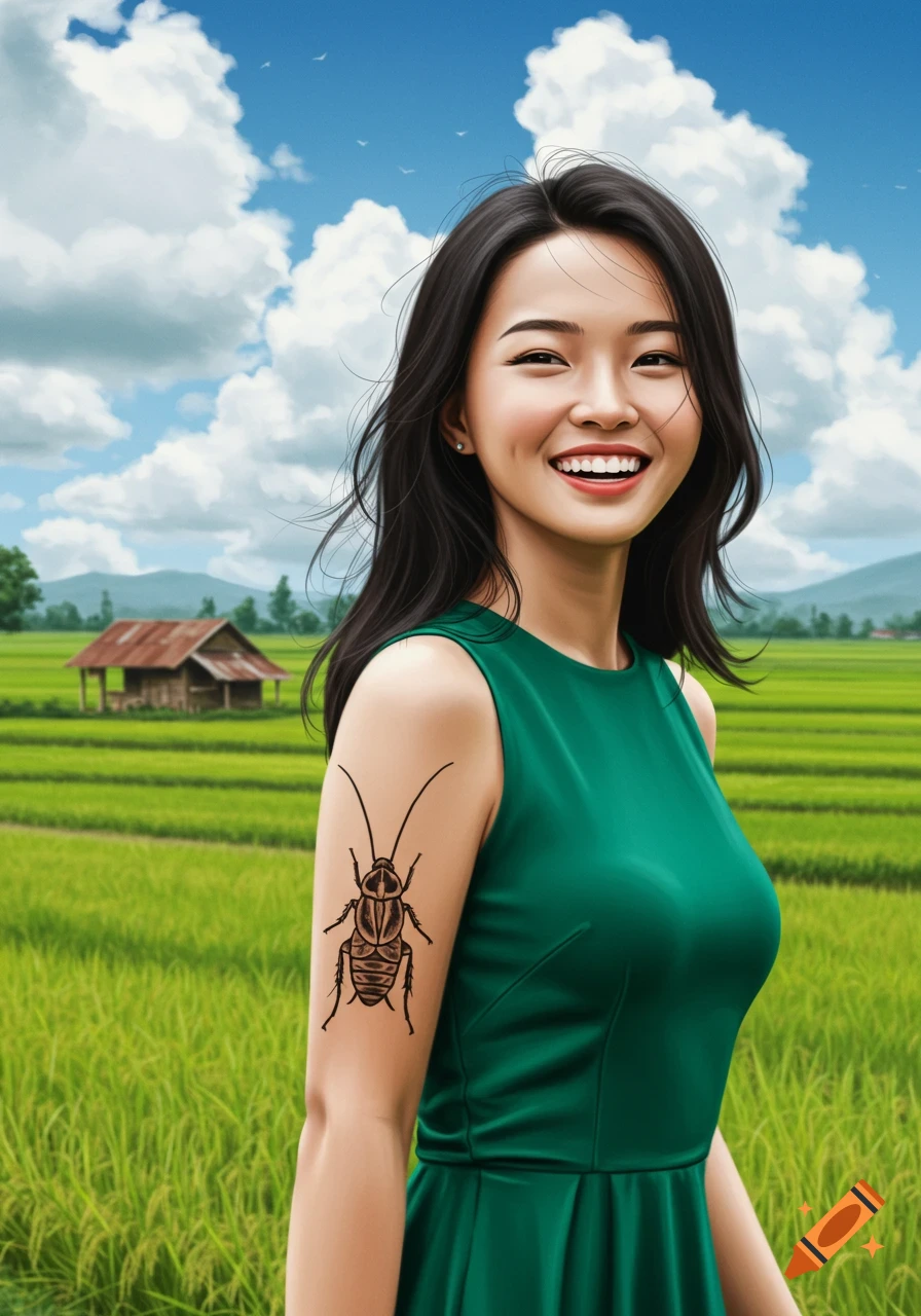 Smiling Vietnamese woman in green dress with a cockroach tattoo, standing in a rice field with a hut and blue sky.
