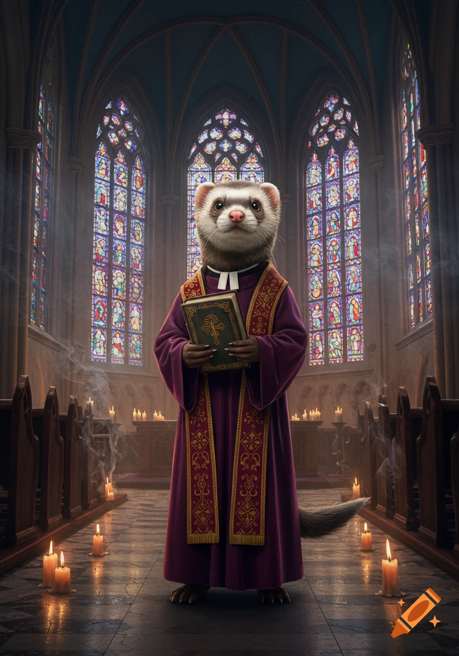 A photorealistic ferret reverend in a purple robe holds a book, standing in a candlelit gothic church with stained glass windows.