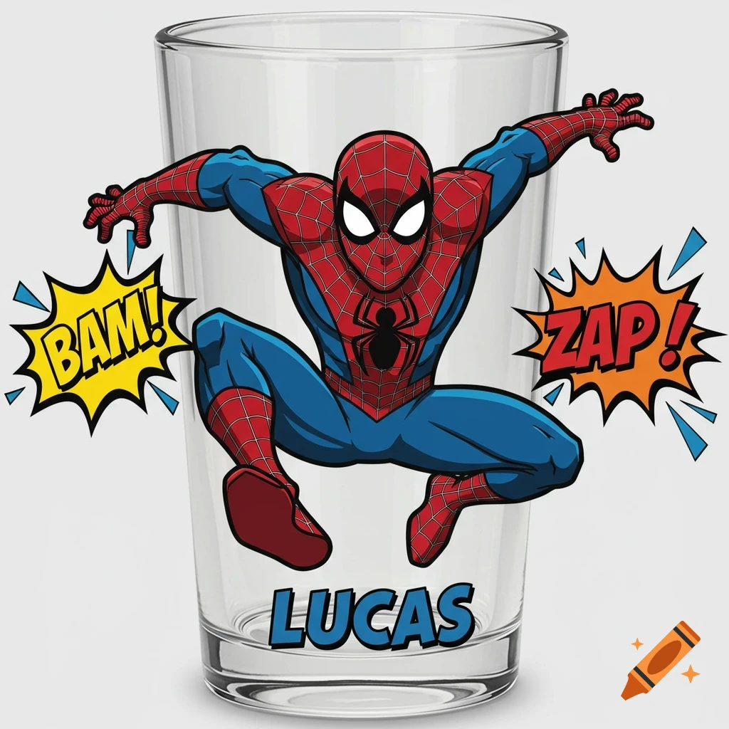 A glass with a cartoon Spider-Man character, comic book sound effects BAM! and ZAP!, and the name LUCAS in bold blue letters.