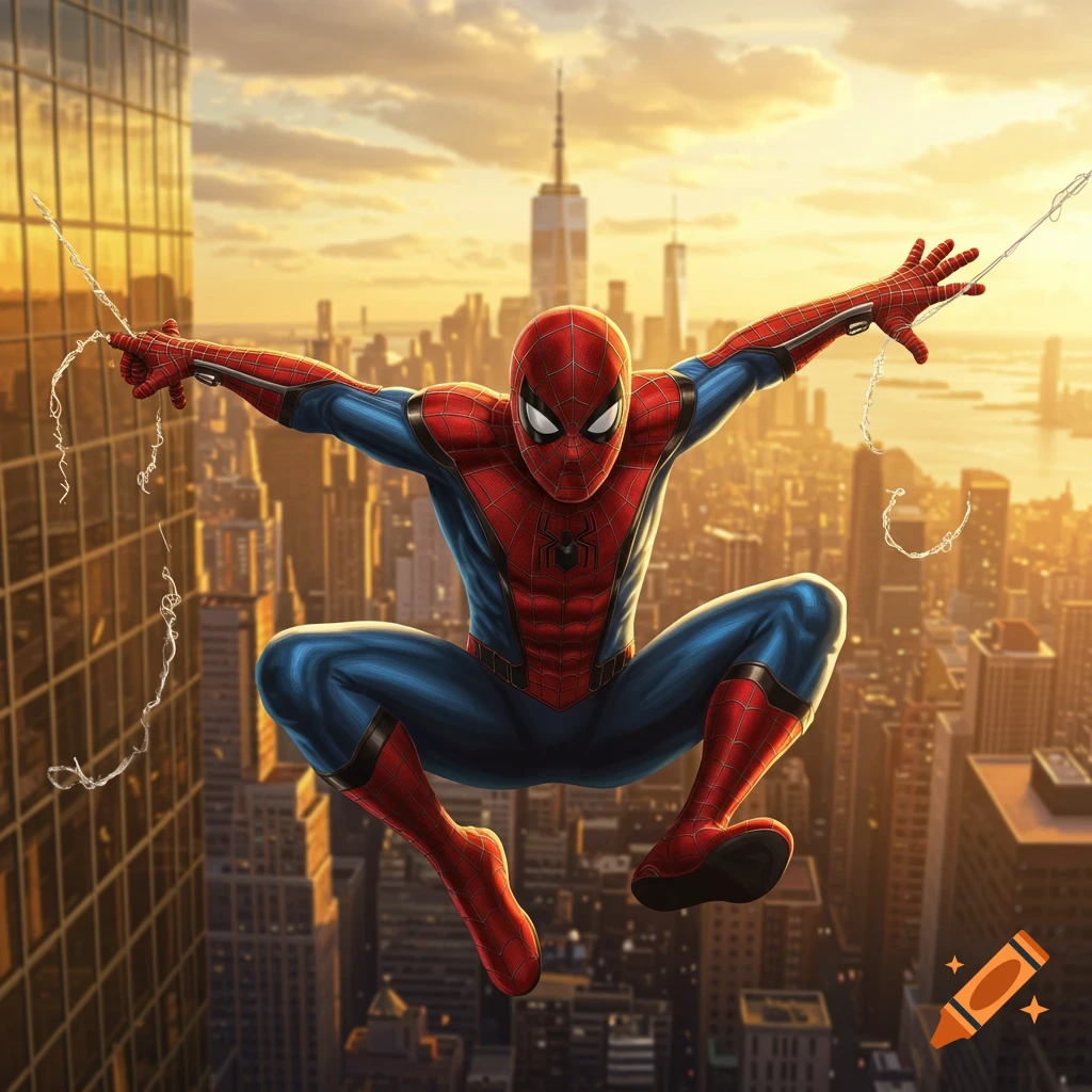 Illustrated Spider-Man crouching mid-air, swinging above a detailed city skyline at sunset.