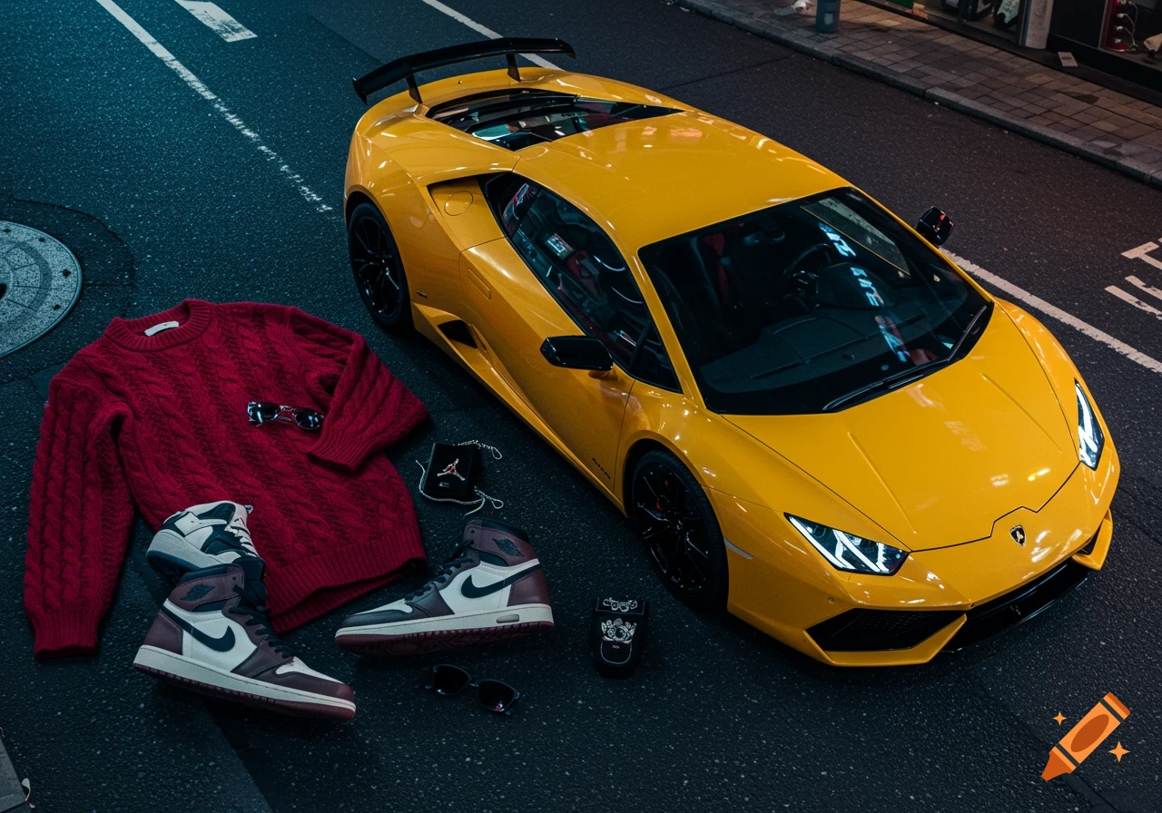 High-angle shot of a yellow Lamborghini parked on a dark street next to a red sweater, Jordan shoes, and sunglasses.