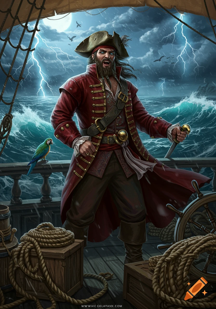 A rugged pirate in a red coat stands on a stormy ship deck, holding a sword with a parrot nearby, in a digital painting style.