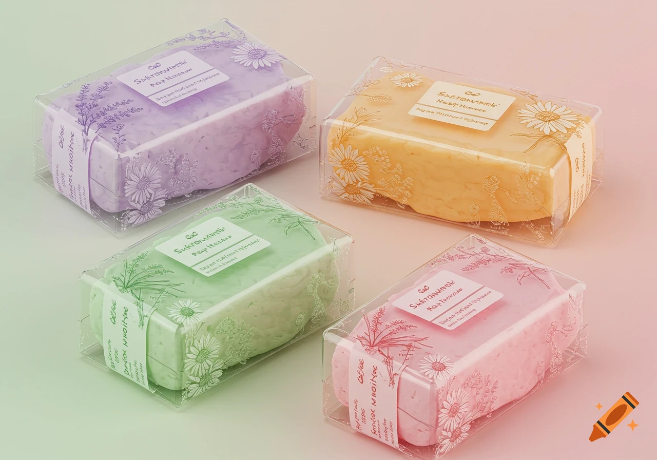 Four clear boxes containing oval, pastel-colored organic soaps: purple, yellow, green, and pink, with floral designs.