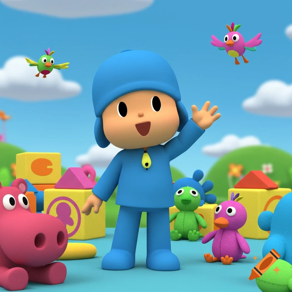 Pocoyo, a character in a blue suit, waves with his friends, including a pink hippo and various birds, in a vibrant outdoor cartoon scene.
