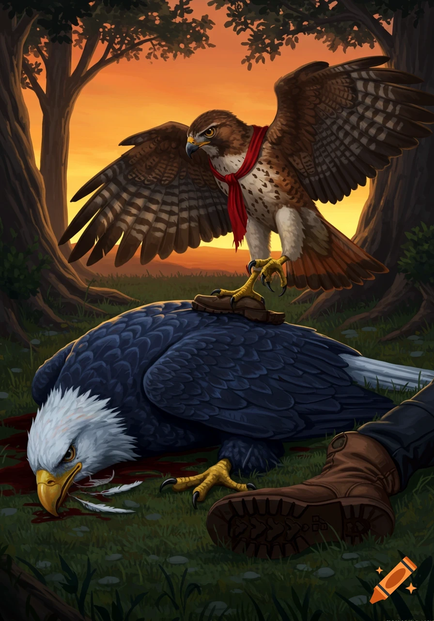A large hawk with a red scarf stands over a defeated bald eagle with blood and feathers on the ground, at sunset.
