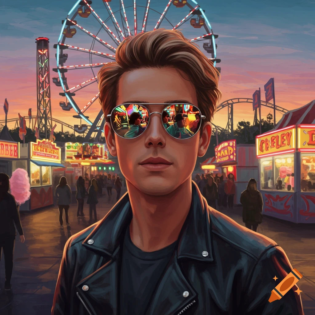 Illustration of a young man wearing sunglasses and a leather jacket, with reflections of an amusement park in his glasses. A Ferris wheel and carnival stalls are in the background at sunset.