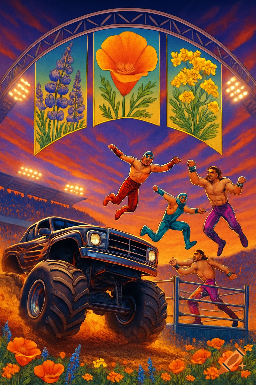 Vibrant promotional poster of flying wrestlers and a monster truck in a stadium, with California wildflowers and a sunset sky.