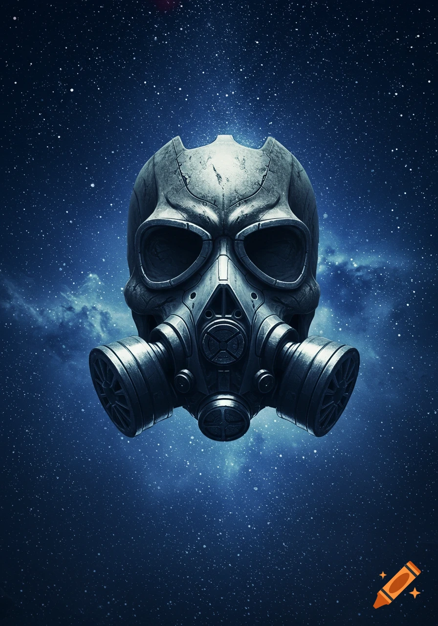 A detailed, metallic skull wearing a gas mask floats against a dark blue starry night sky with subtle nebula clouds.