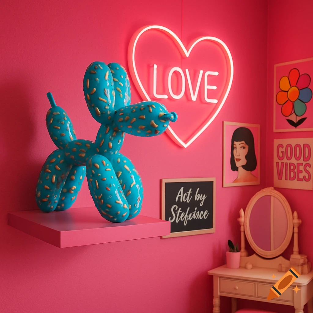 A vibrant teal balloon dog with gold sprinkles sits on a pink floating shelf in a hot pink room, featuring a neon heart sign that says "LOVE," colorful posters, and a white vanity.
