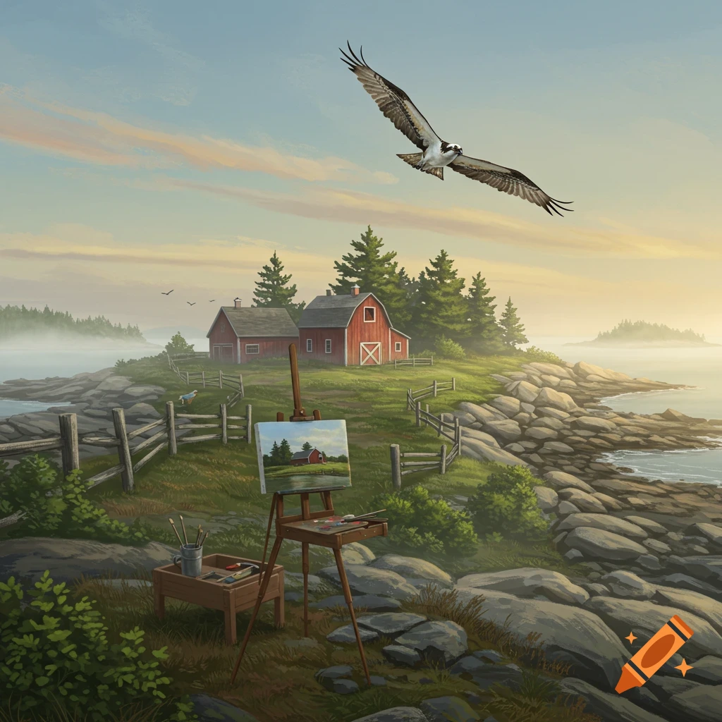 A painterly landscape of an osprey flying over a red barn and house on a rocky Maine island coast with an art easel.