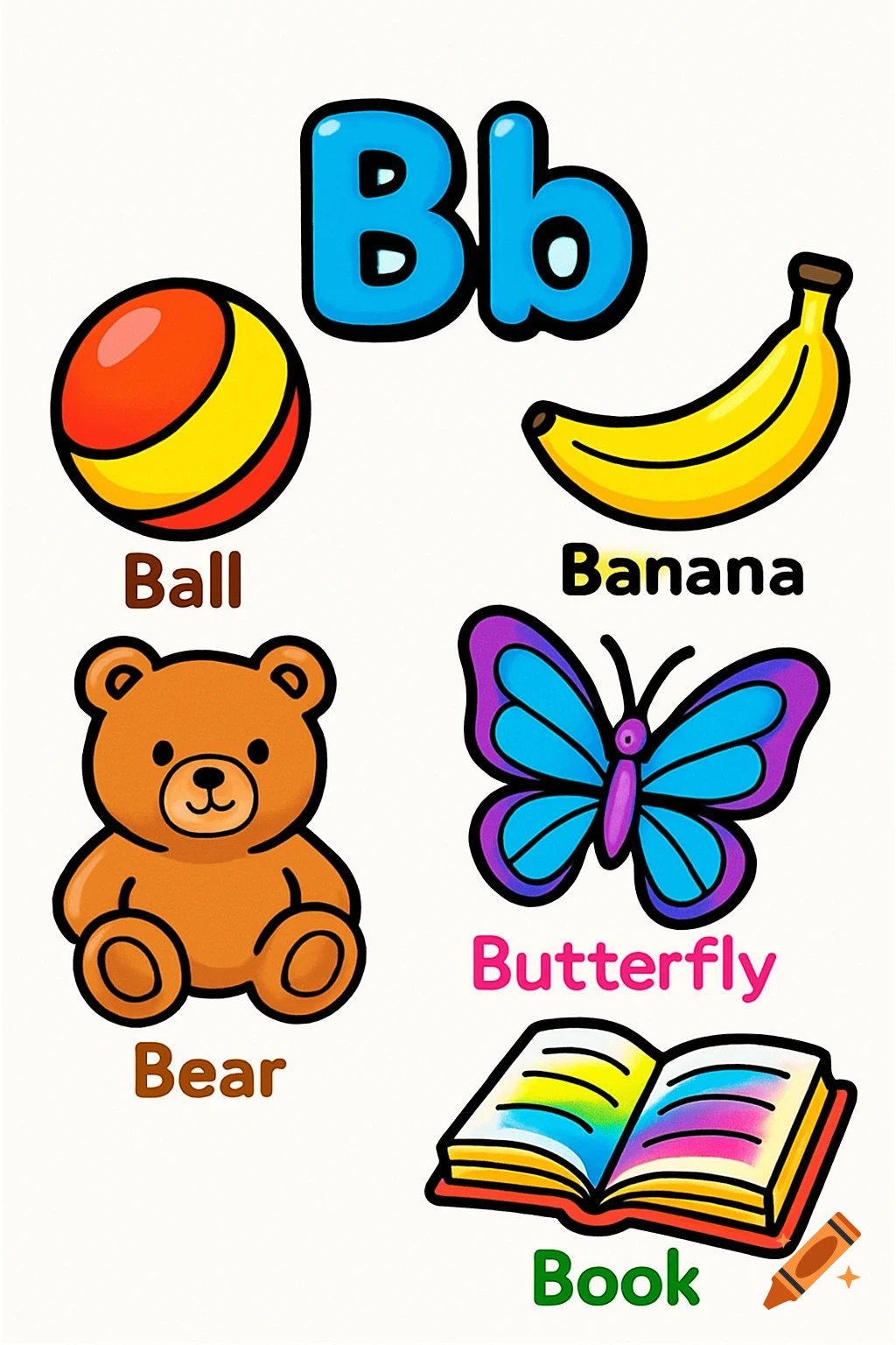 Colorful educational poster featuring the letter Bb and cartoon illustrations of a ball, banana, bear, butterfly, and book.