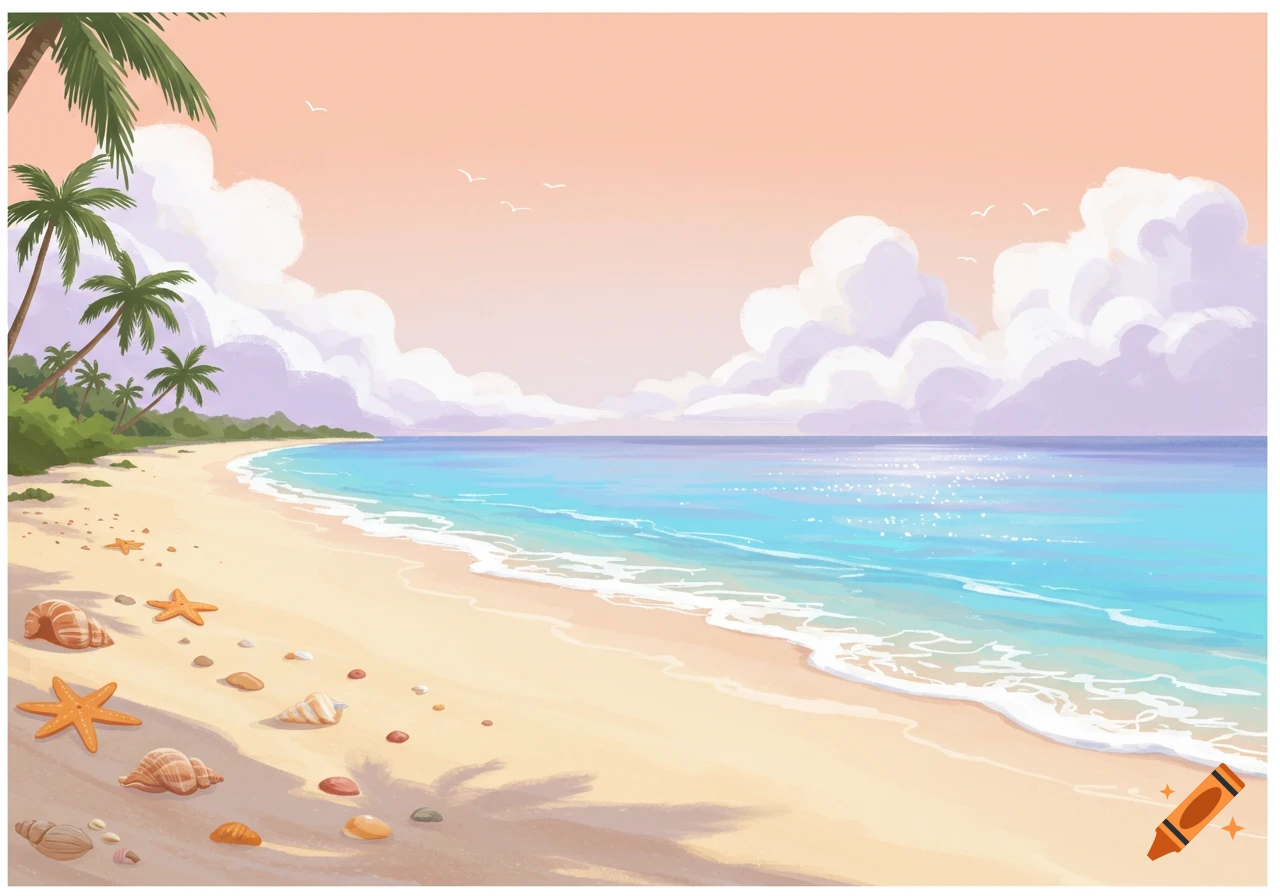 A vibrant illustration of a tropical beach with palm trees, blue ocean waves, and seashells on the sand under a pastel sky.