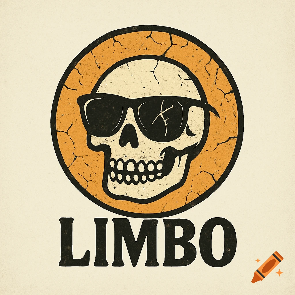 Logo for a band called LIMBO featuring a skull with cracked sunglasses inside a sun-bleached, cracked orange circle.