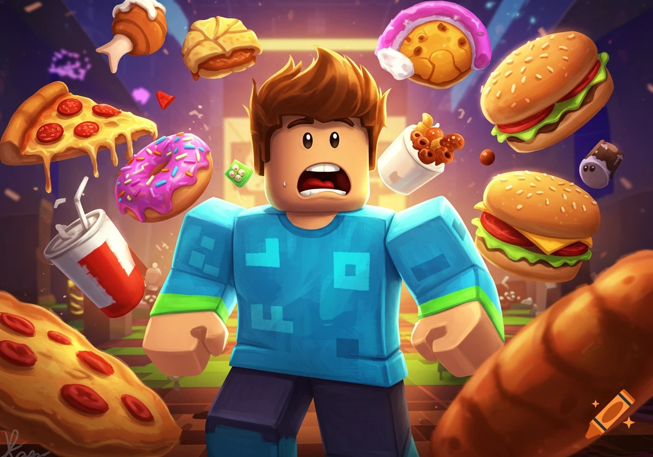 A Roblox-style character with a shocked expression is surrounded by floating fast food items like pizza, hamburgers, and donuts in a colorful, cartoon style.