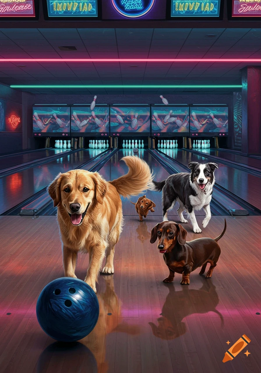 A golden retriever, a Border Collie, and two dachshunds in a bowling alley with a bowling ball on the lane.