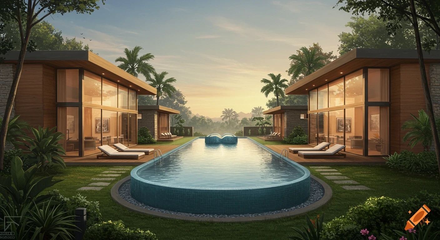 Photorealistic image of two modern houses with glass facades, flanking an infinity pool, surrounded by lush tropical landscaping at sunset.