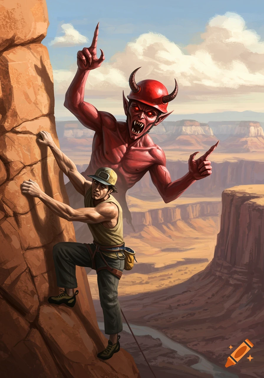 A male rock climber on a cliff with a red-skinned demon in a hard hat behind him, set against a desert canyon.