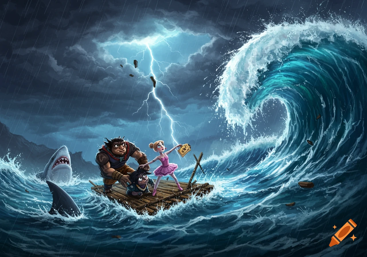 A cartoon troll, ballerina, and child cling to a raft in a stormy ocean with giant waves, lightning, and a shark.