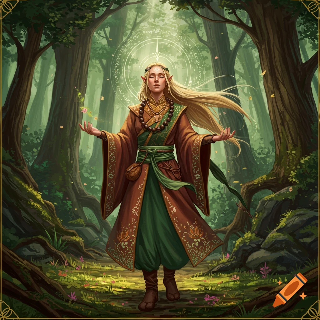 A serene blonde elf with long hair and robes stands in a sunlit forest, hands outstretched, amidst mystical glowing circles. Fantasy art.