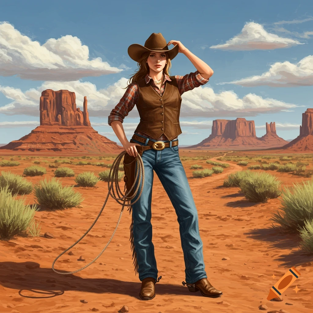 A cowgirl in a brown vest, plaid shirt, and jeans stands in a desert with mesas and scrub brush, holding a coiled lasso.