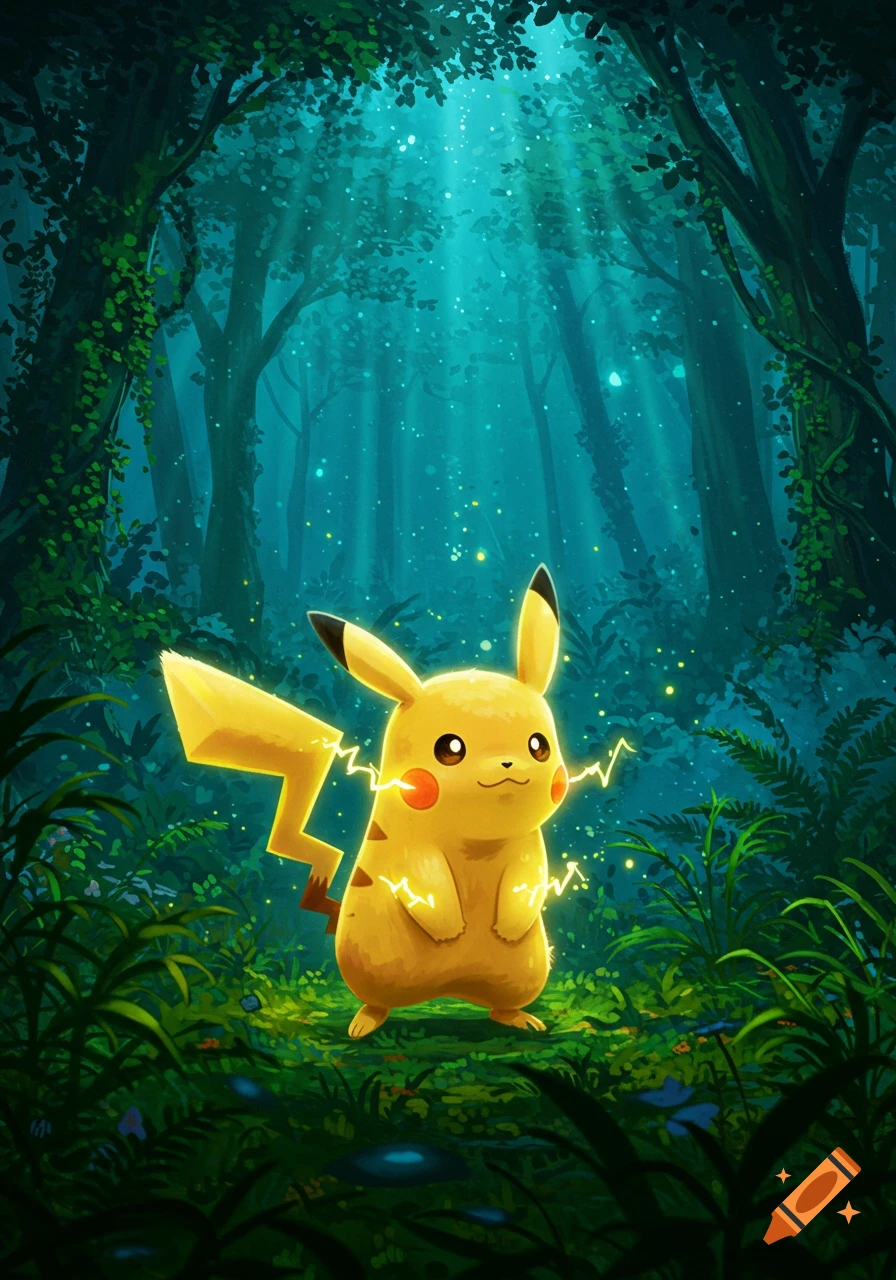 Pikachu stands in a dark, mystical forest with sun rays filtering through the trees and glowing fireflies, stylized illustration.