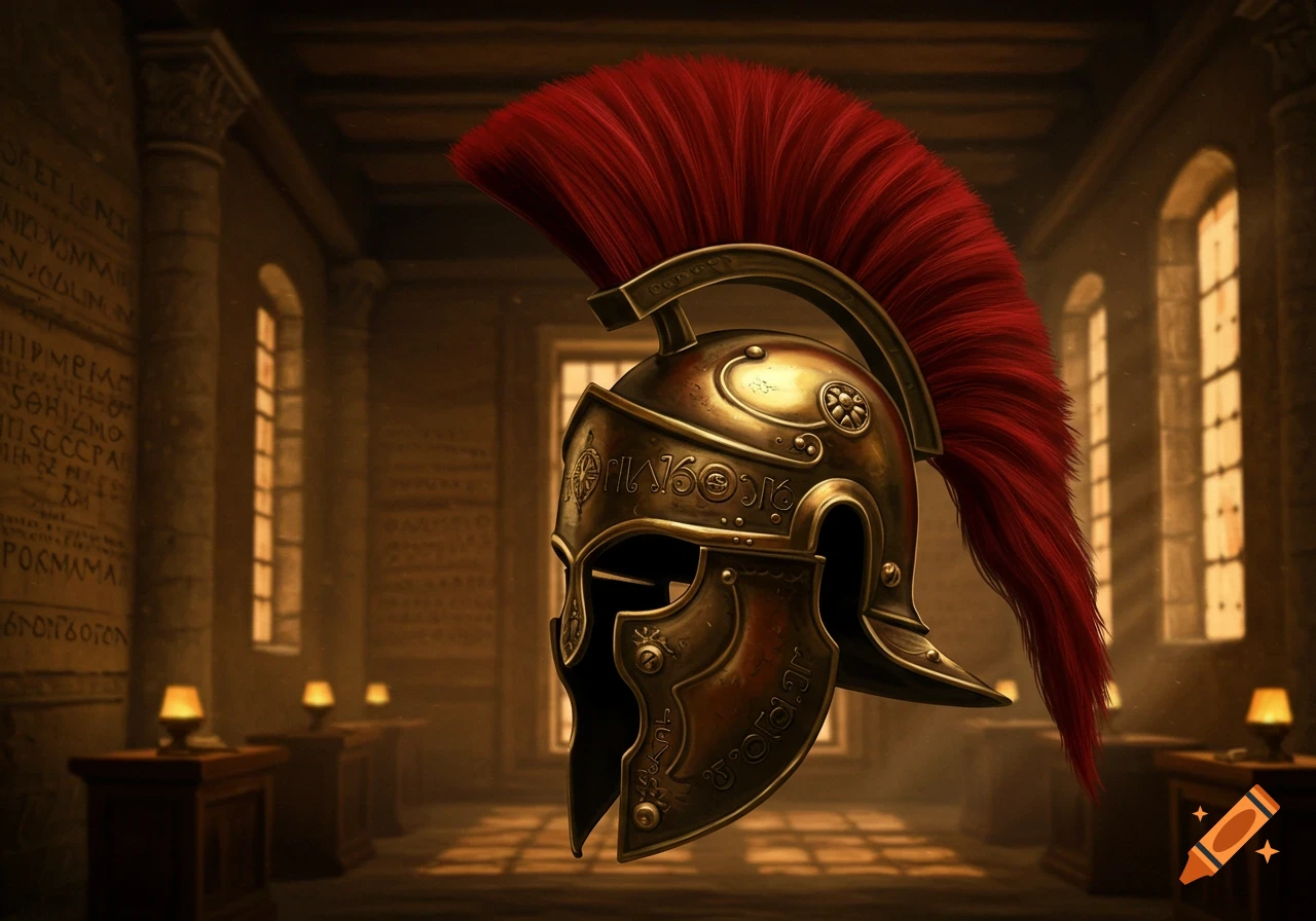A detailed bronze ancient warrior helmet with a red plume, in a dimly lit, grand hall with carved walls.