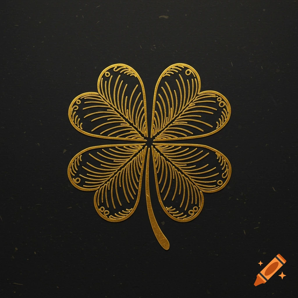 A golden four-leaf clover emblem on a dark textured background.