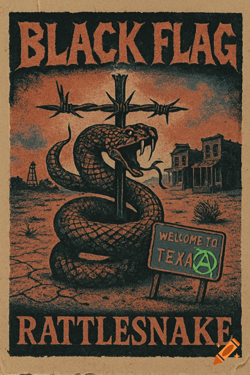 A gritty, lo-fi poster featuring a rattlesnake coiled around a barbed wire cross in a desert ghost town, with text "BLACK FLAG" and "RATTLESNAKE", and a "WELCOME TO TEXAS" sign with an anarchy symbol.