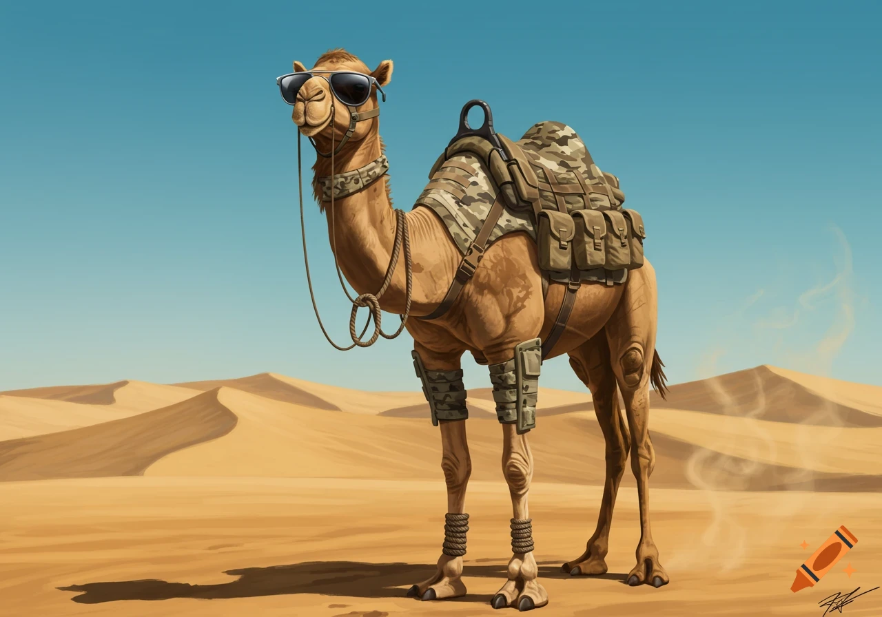 A cool camel wearing sunglasses and military gear stands in a sunny desert with sand dunes.