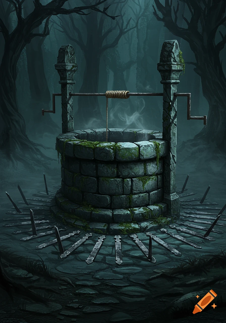 A dark, misty digital painting of an old stone well surrounded by sharp metal blades in an eerie forest.