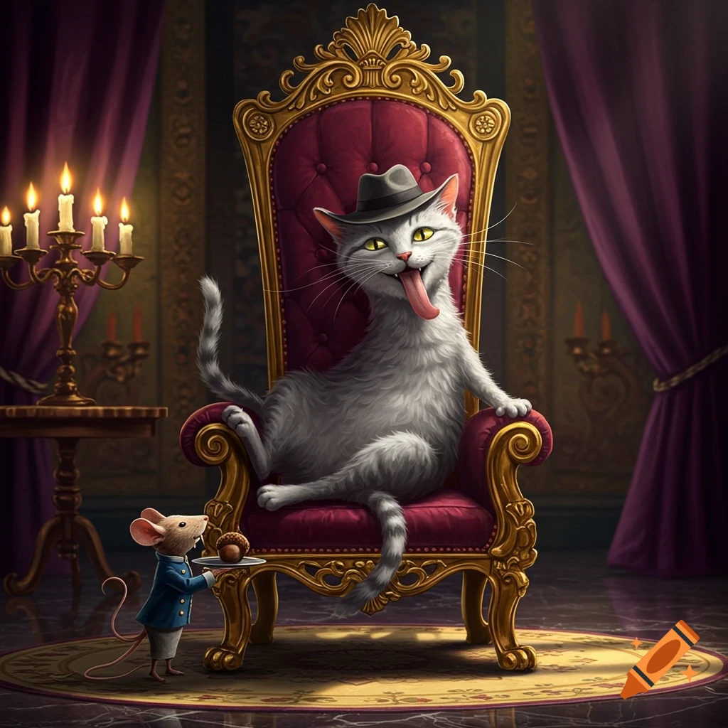 A grey cat with a long tongue wearing a fedora sits on a ornate red throne, being served an acorn by a small mouse in a blue suit in a grand room.