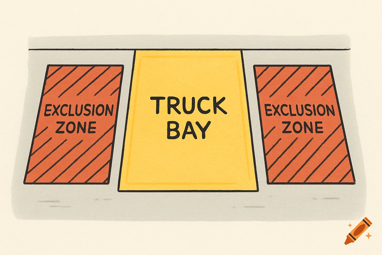 A simple cartoon diagram showing a yellow 'TRUCK BAY' area between two red 'EXCLUSION ZONE' areas with diagonal lines.