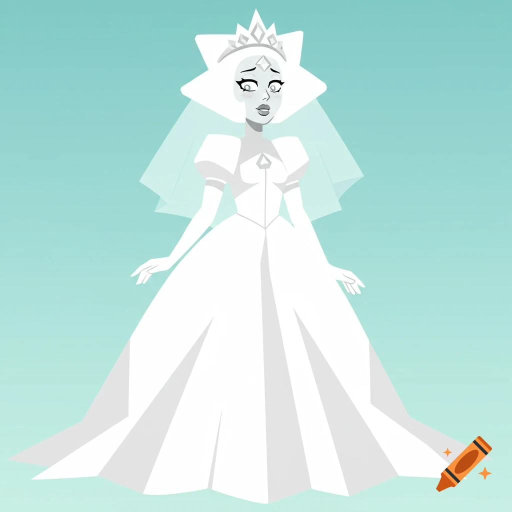 White Diamond from Steven Universe blushing in a white wedding dress and tiara, stylized cartoon.
