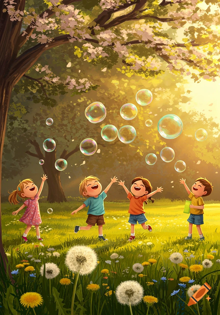 Four cheerful children play with bubbles in a bright, sunlit park with a large tree and dandelion flowers, in an illustration style.