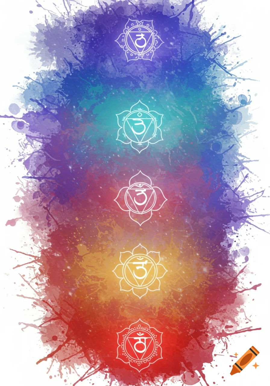 Five white chakra symbols vertically aligned against a vibrant, multi-colored watercolor splash background.