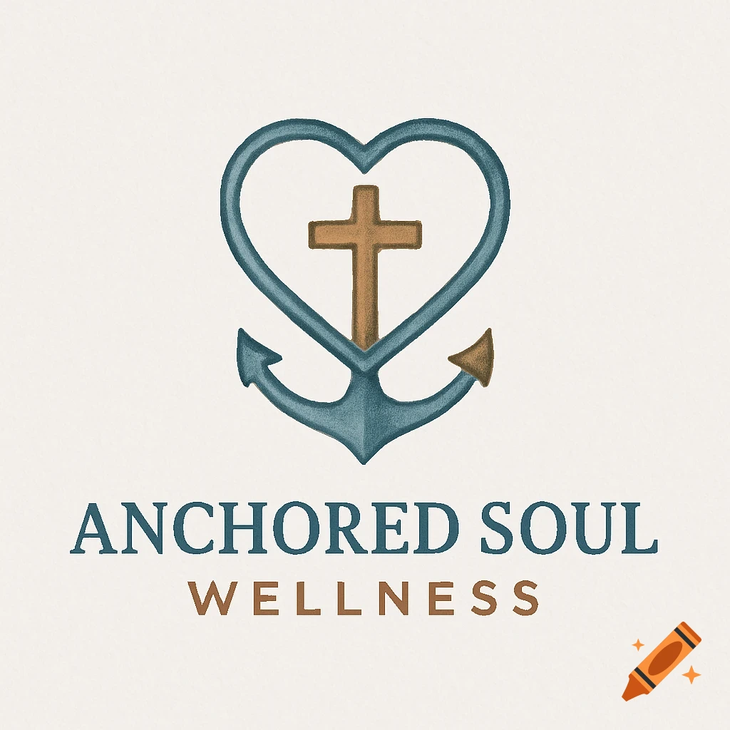 A logo featuring a brown cross inside a blue heart, which is on top of a blue anchor, with the text 'Anchored Soul Wellness' below.