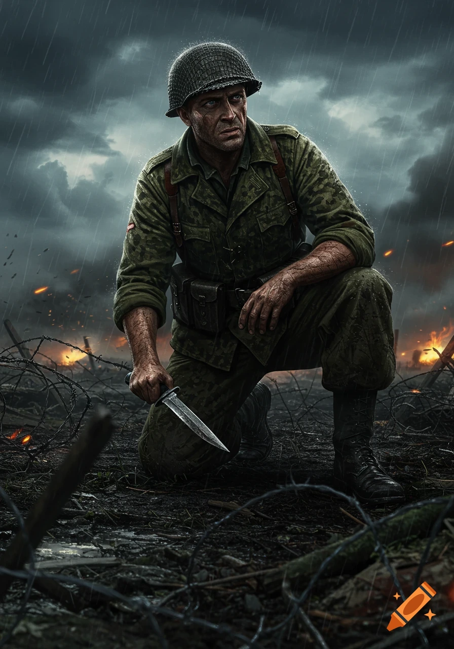 Photorealistic depiction of a WWII commando kneeling in the rain on a battlefield, holding a knife, with fires in the background.